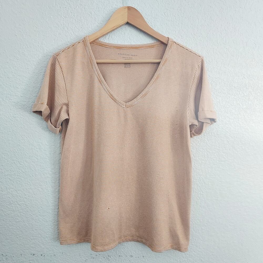 American Eagle Mustard Yellow Striped V-neck Tee Size S